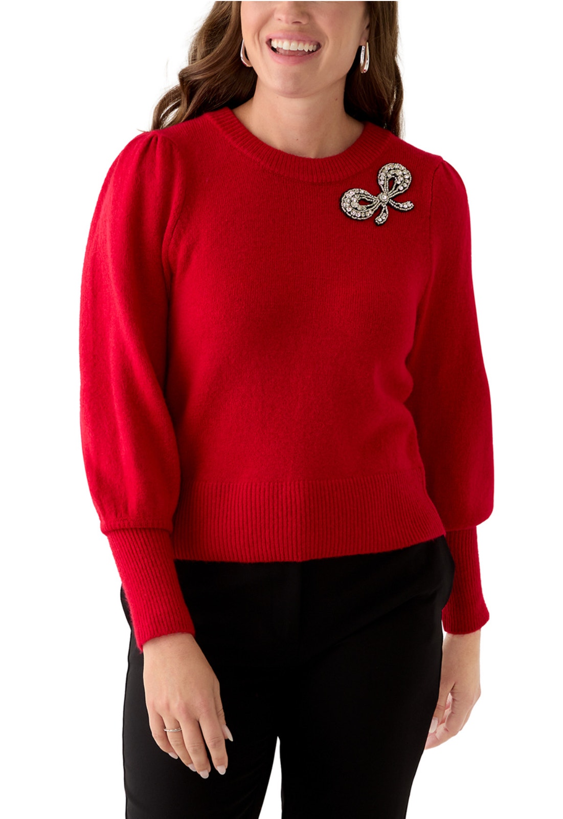 Euc Cece Holiday Red Sweater Embellished Bow Detail Sz Xl W/Stella Dot Earrings